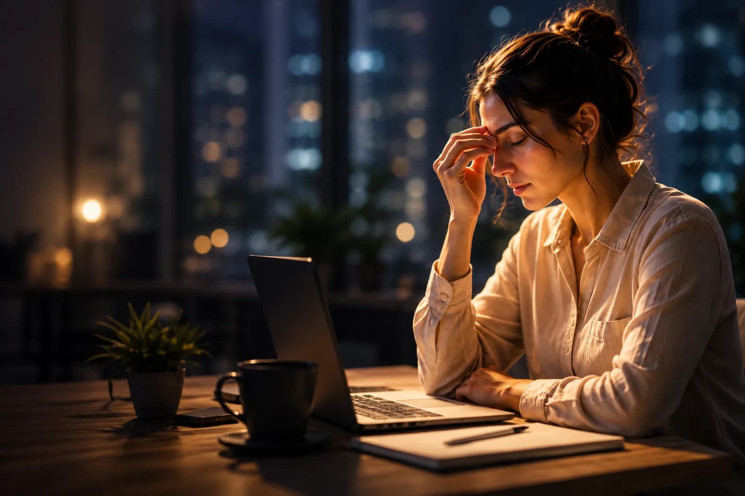 A woman working late at a laptop by a night window, eyes closed and pinching the bridge of her nose in exhaustion.