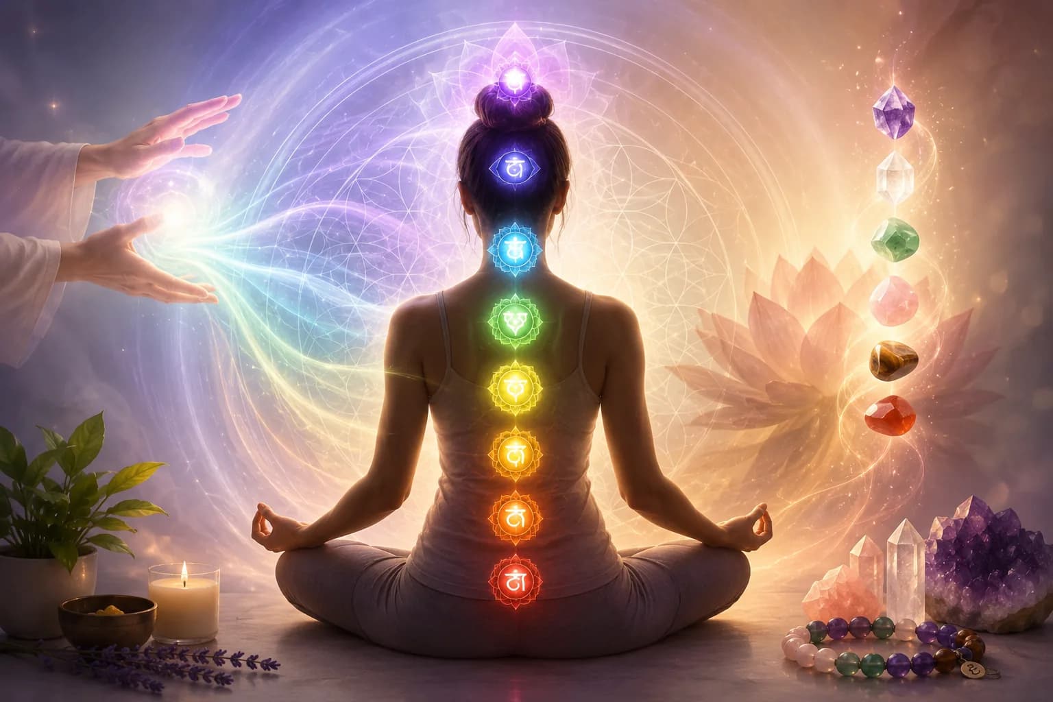 A person seated in meditation with the seven chakras glowing along the spine, a practitioner's hands directing energy from the left, and healing crystals arranged to the right.