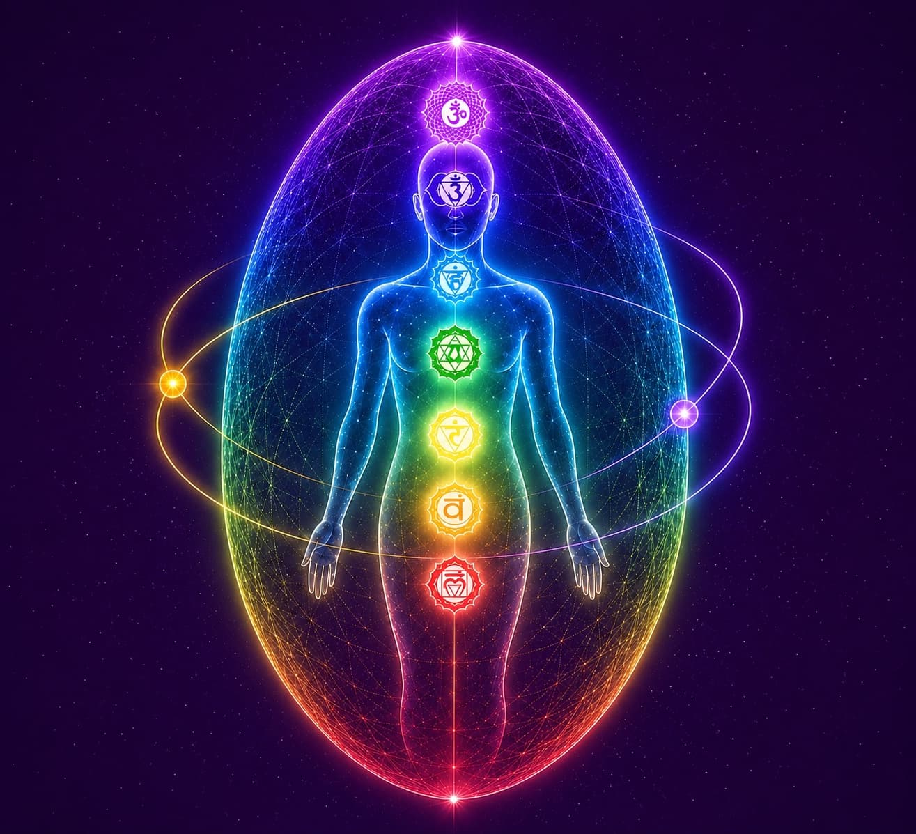 Illustration of a human aura with the seven chakras illuminated